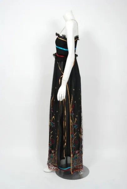 1976 Bill Gibb Pleated Silk & Embroidered Tulle Low-Plunge Metallic Ribbon Gown