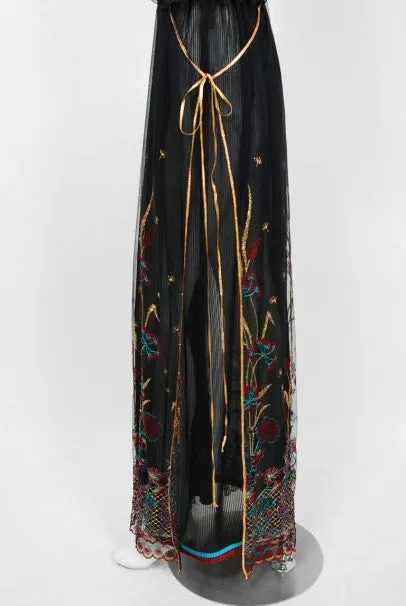 1976 Bill Gibb Pleated Silk & Embroidered Tulle Low-Plunge Metallic Ribbon Gown