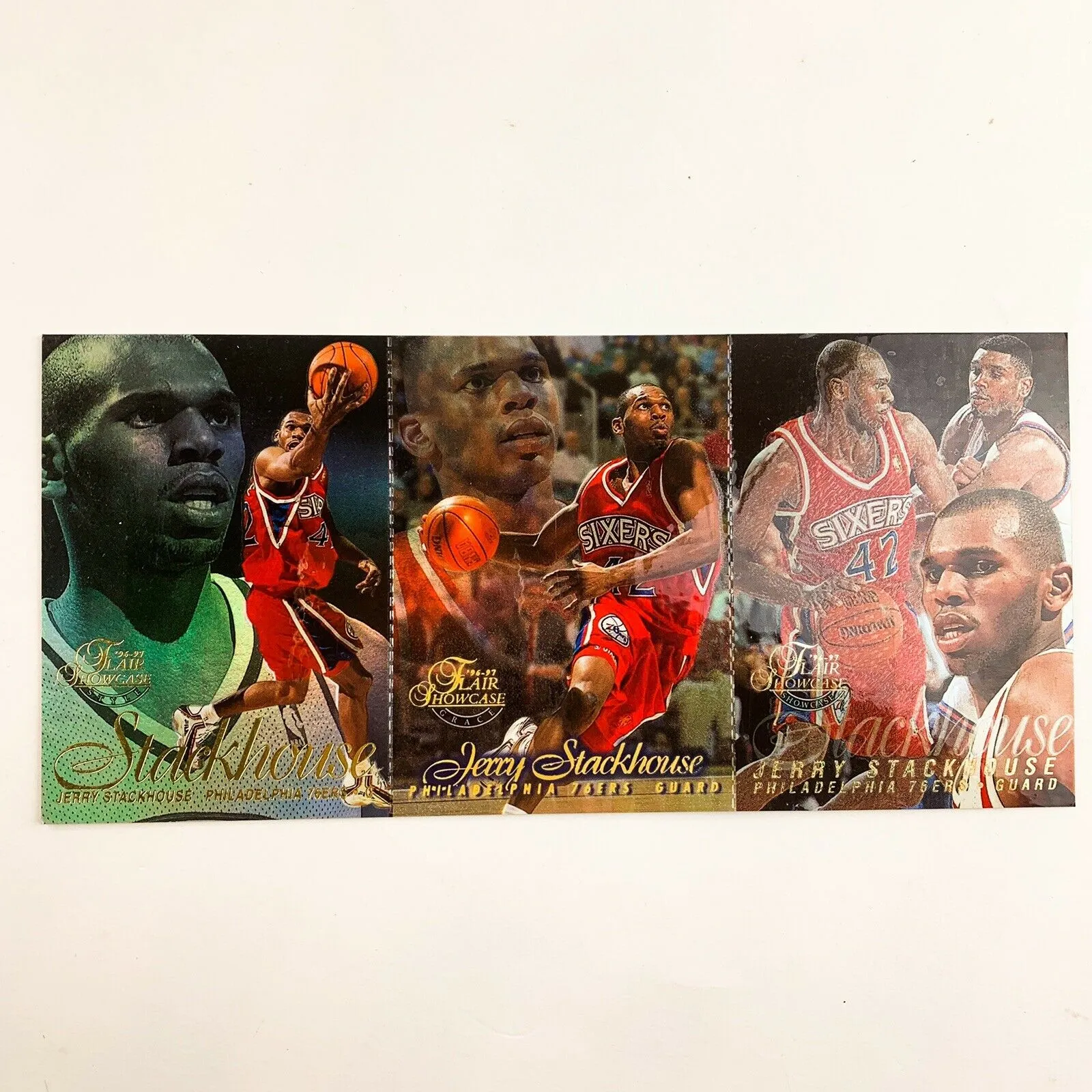 1996-97 Fleer Showcase Promo Panel Jerry Stackhouse Basketball 3 Card Uncut