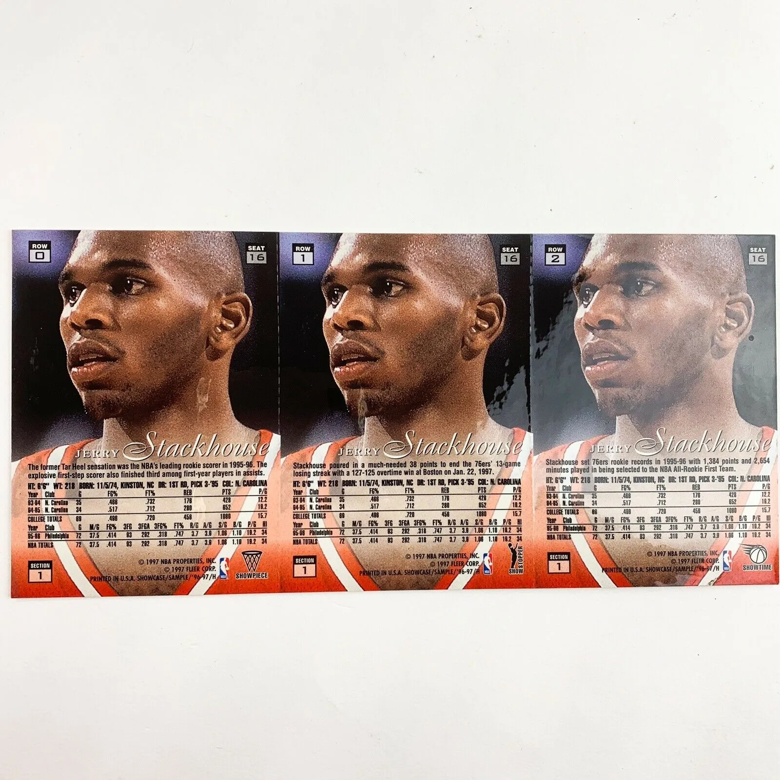 1996-97 Fleer Showcase Promo Panel Jerry Stackhouse Basketball 3 Card Uncut