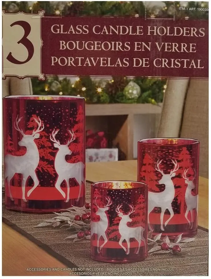 3 Glass Candle Holders With Reindeer Image