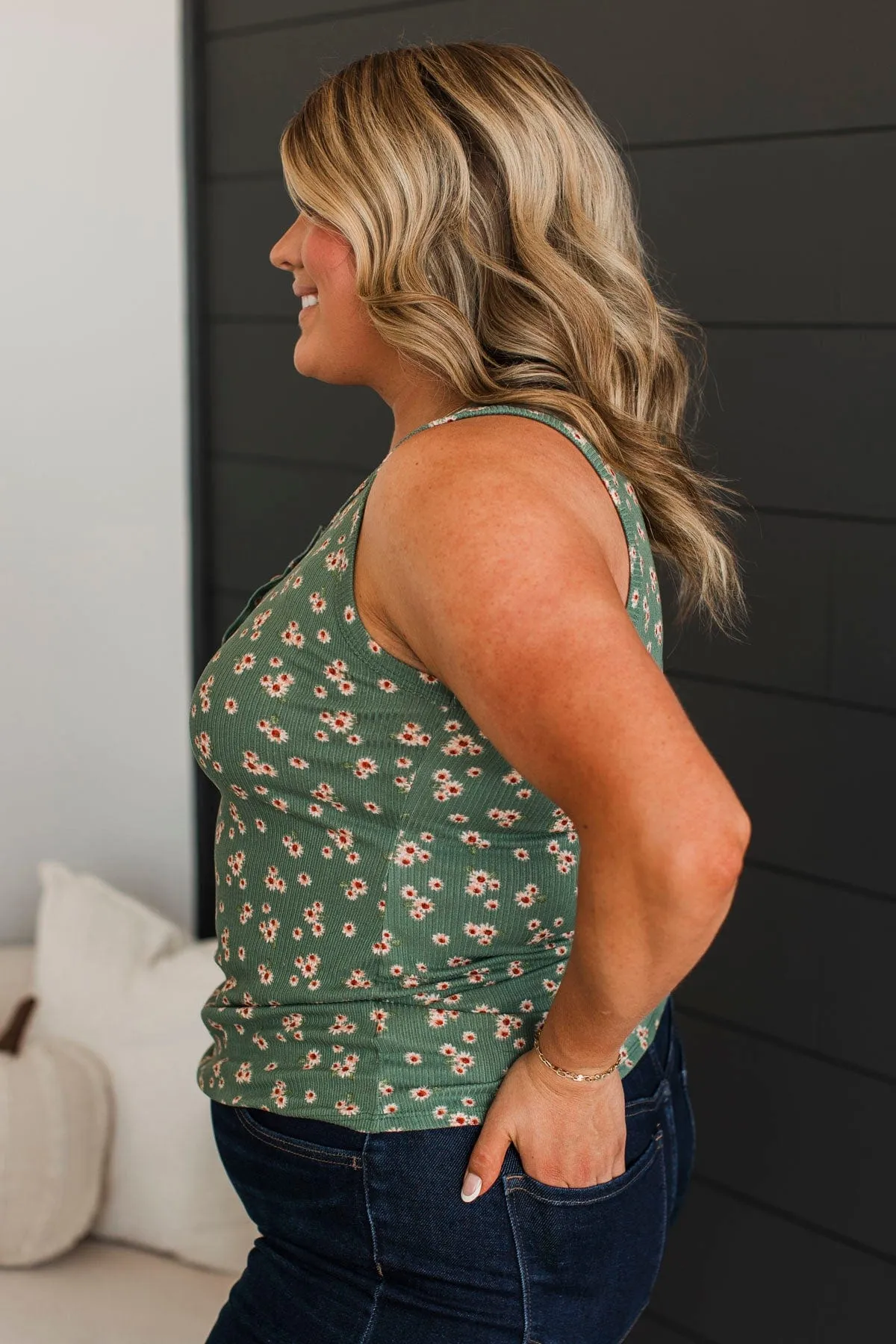 A Chance At Love Floral Tank Top- Dark Sage