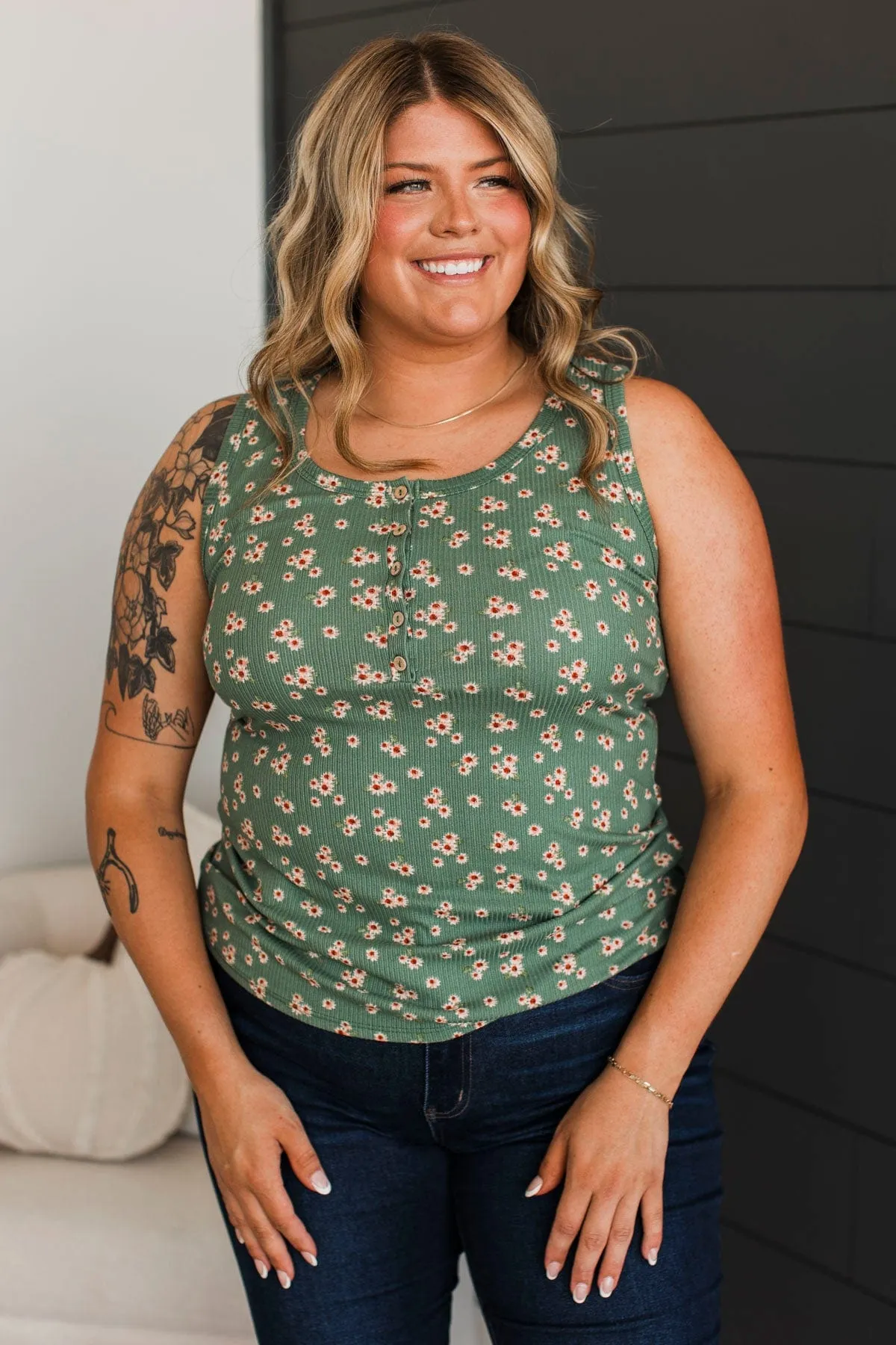 A Chance At Love Floral Tank Top- Dark Sage