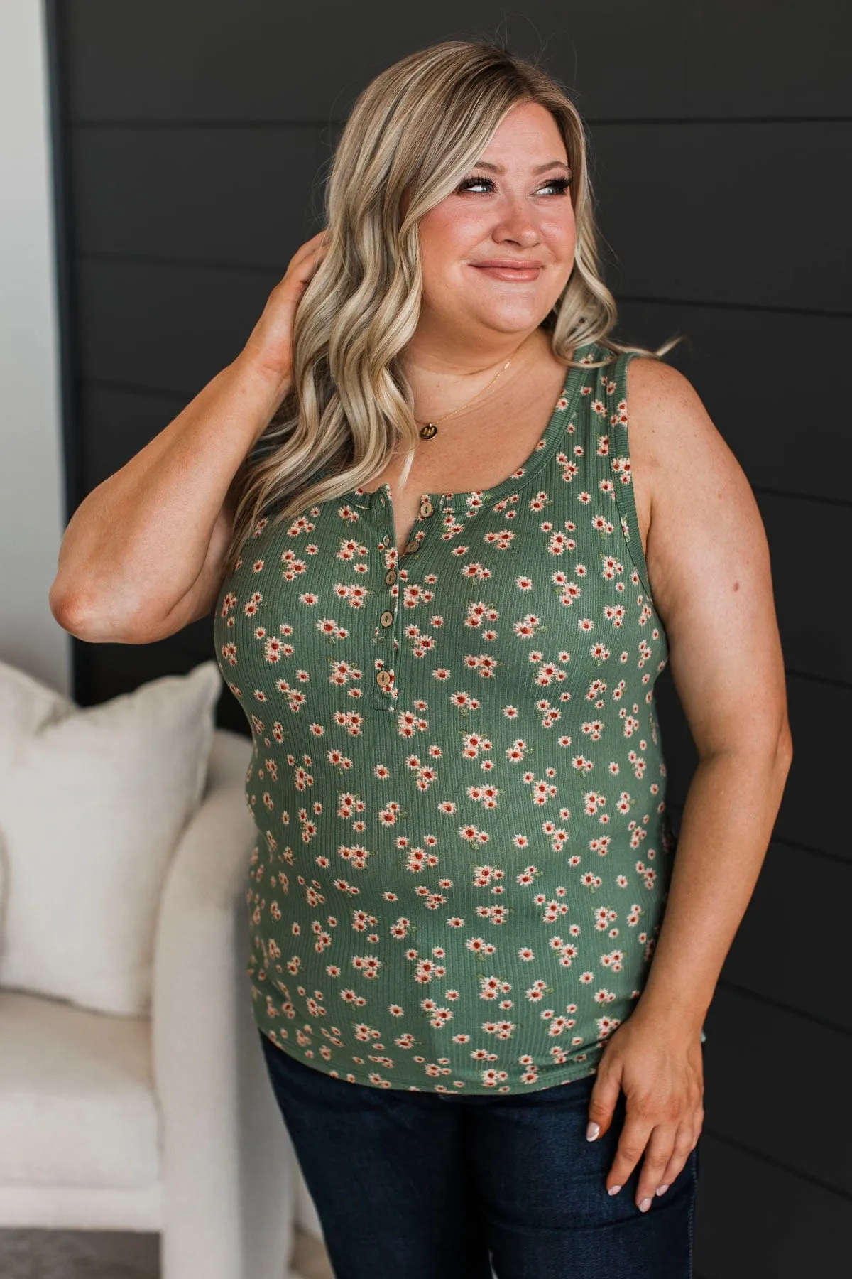 A Chance At Love Floral Tank Top- Dark Sage