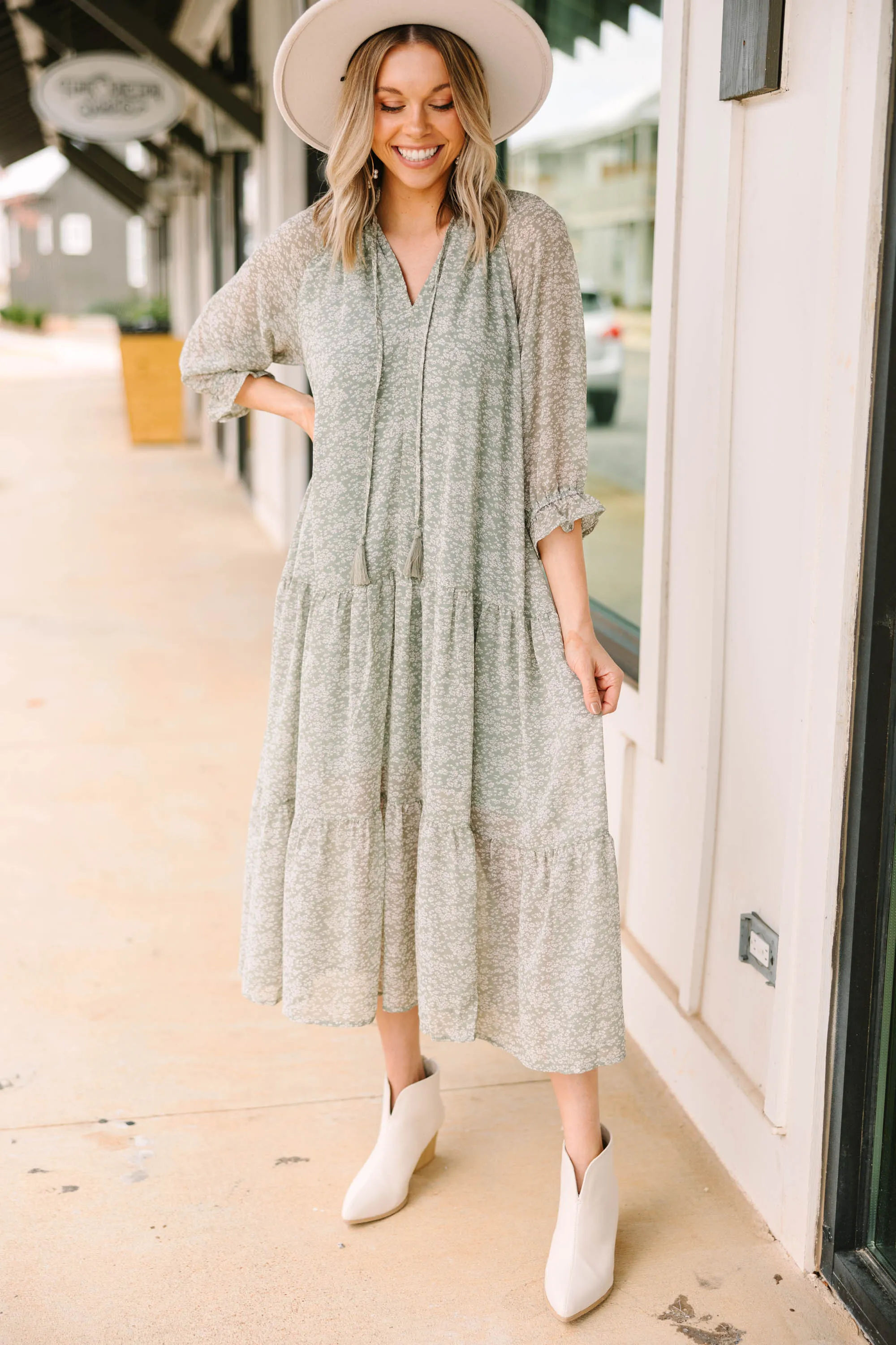 All Worth It Sage Green Ditsy Floral Midi Dress