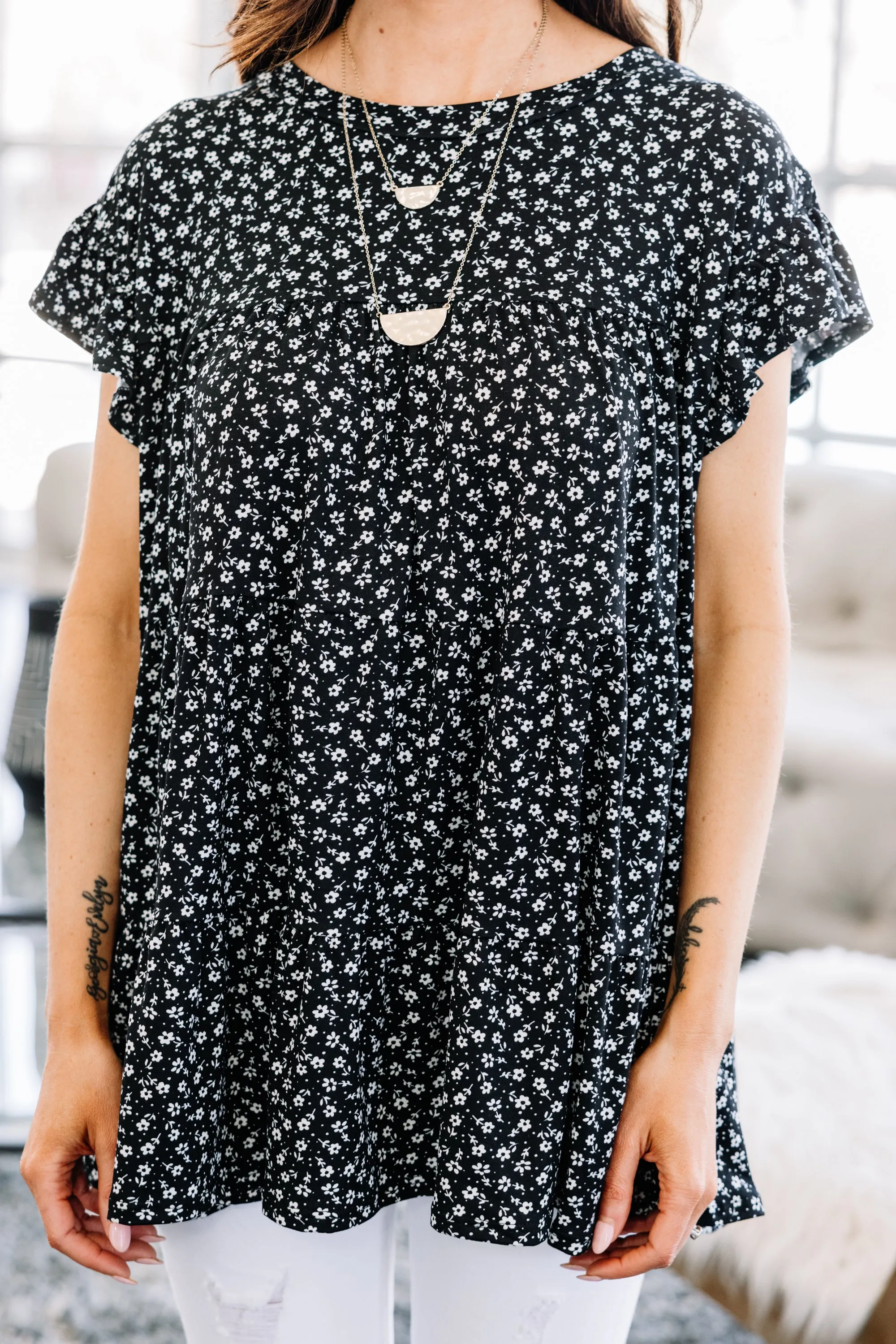 Along For The Ride Black Ditsy Floral Babydoll Top