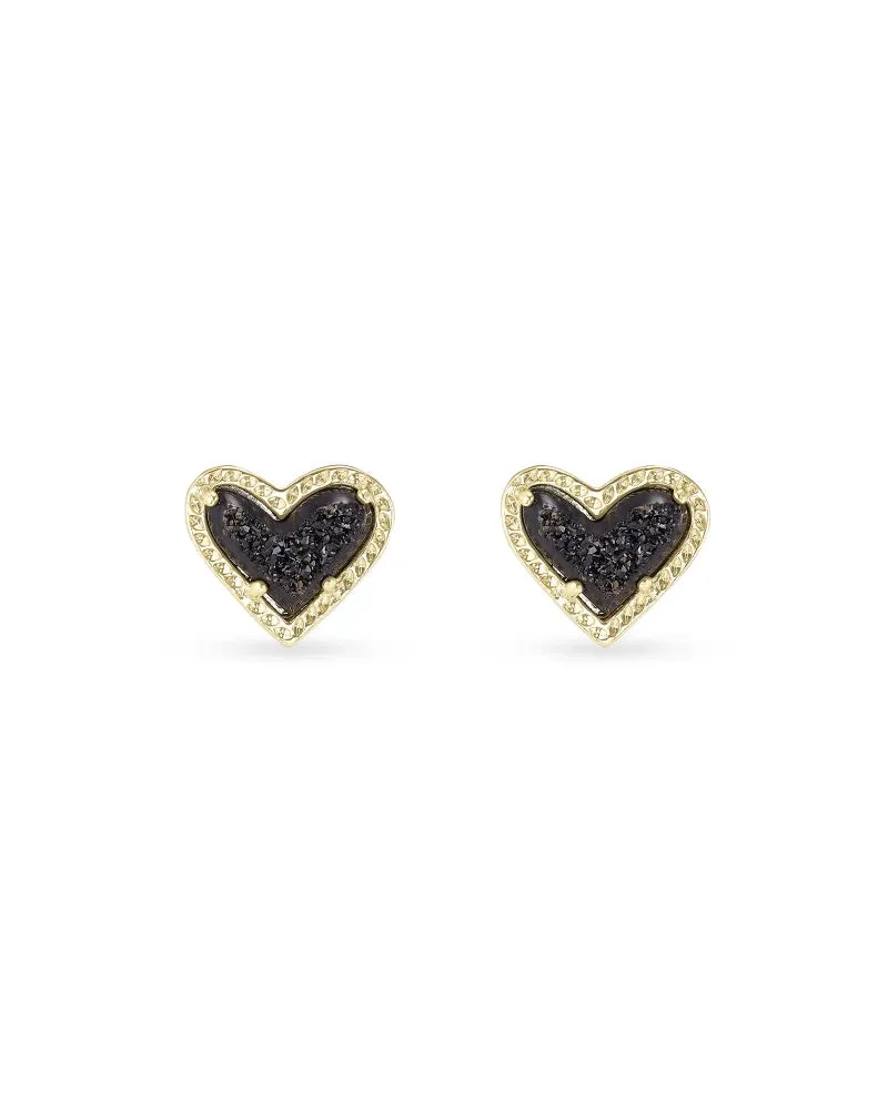 Ari Heart Stud Earrings-Gold Black Druzy