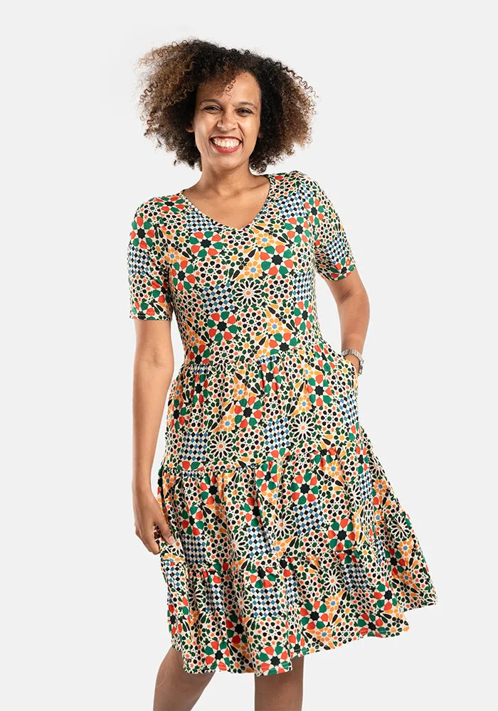 Athena Moroccan Tile Print Tiered Hem Viscose Dress