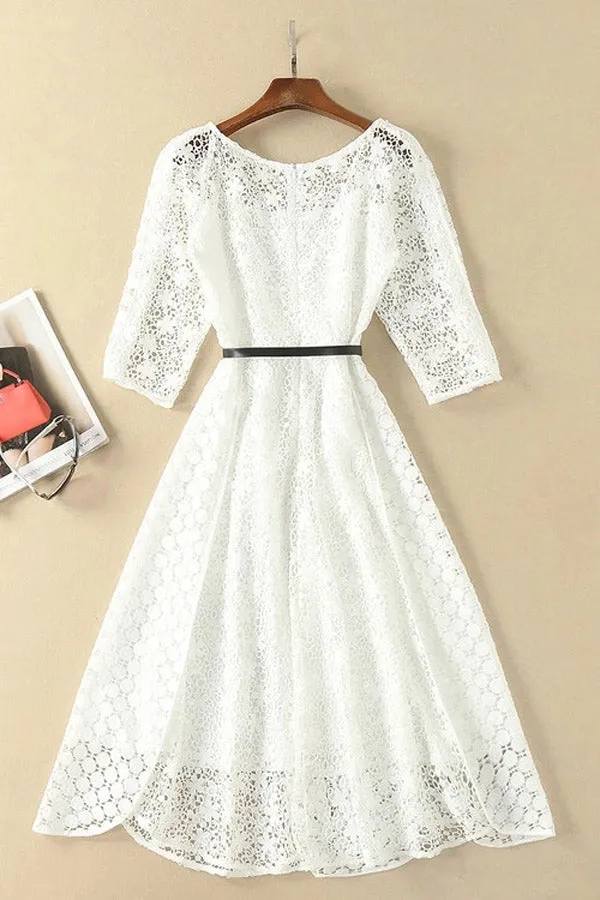 Beautiful White Lace Round Neck Half Sleeve Belt Ankle Knee Homecoming Dresses, SH484