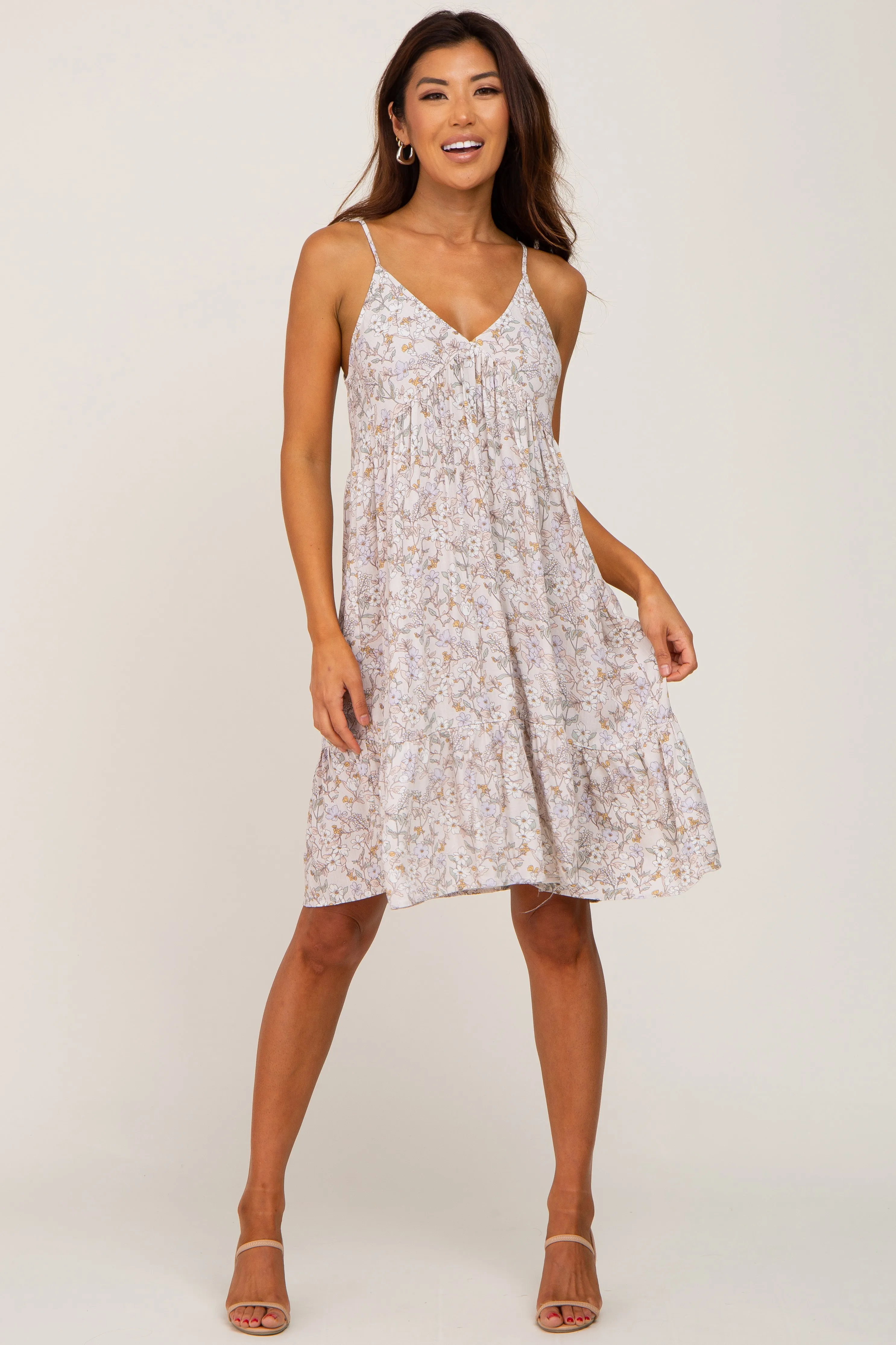 Beige Floral V-Neck Ruffle Hem Maternity Dress