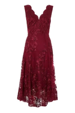 Berry Embroidered Dip Hem Dress