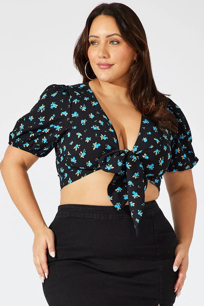 Black Ditsy Crop Top Short Sleeve Tie Front