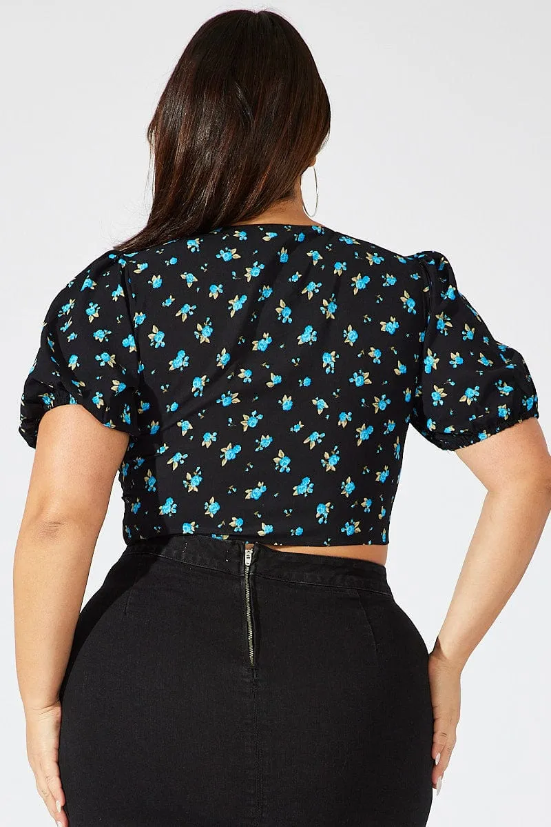 Black Ditsy Crop Top Short Sleeve Tie Front