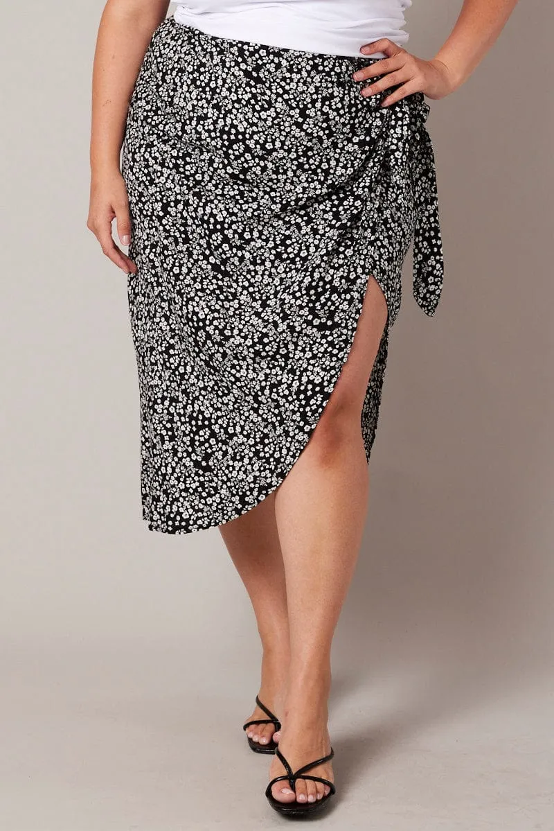 Black Ditsy Frill Wrap Midi Skirt