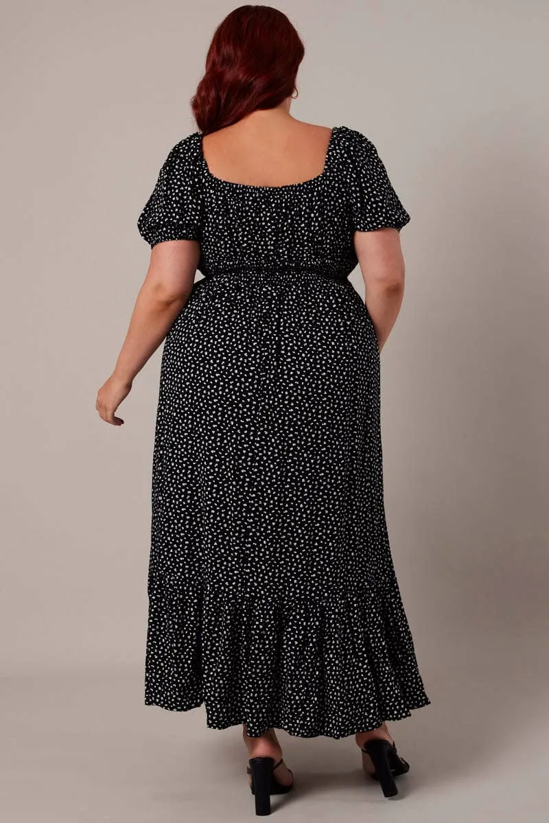 Black Ditsy Midi Dress Short Sleeve Tiered