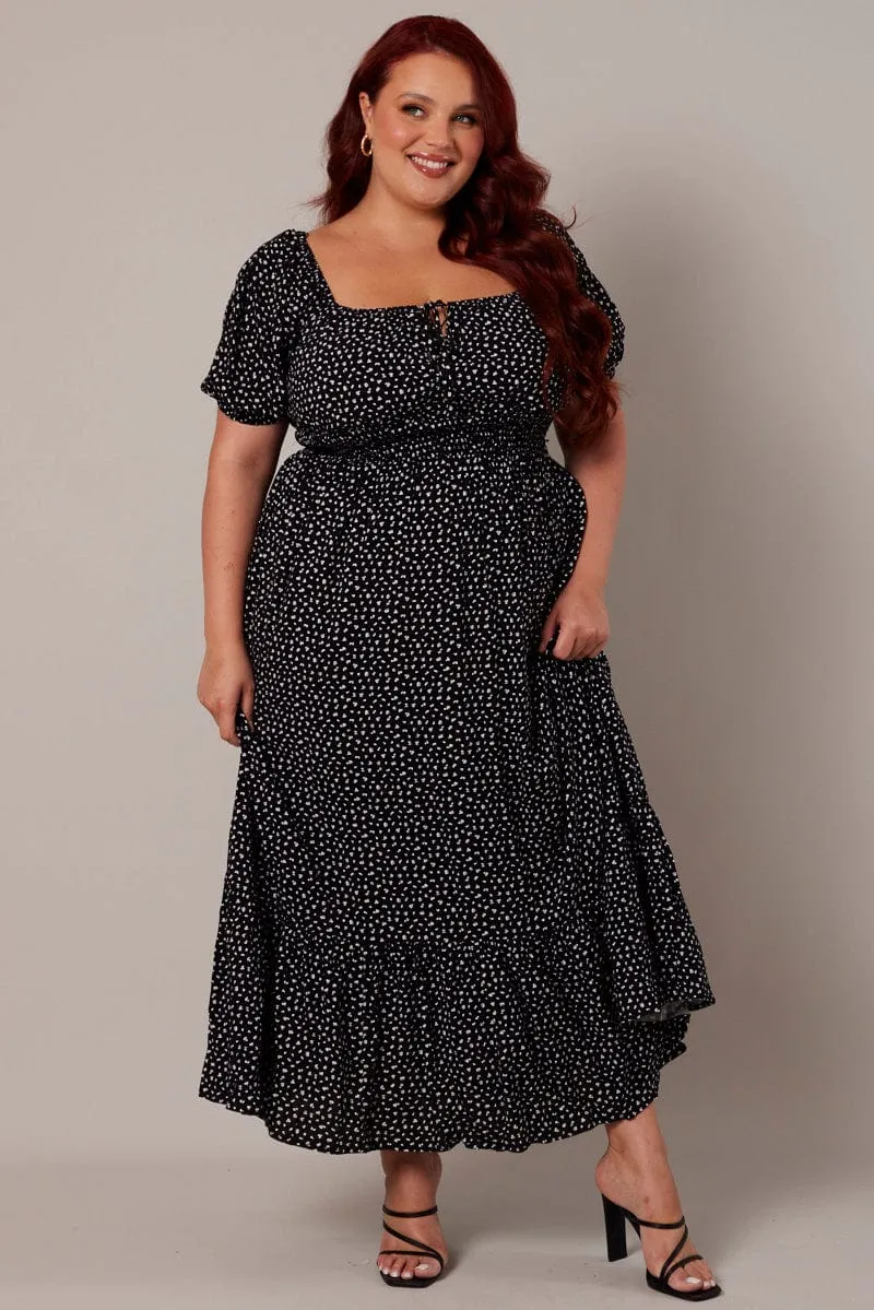 Black Ditsy Midi Dress Short Sleeve Tiered