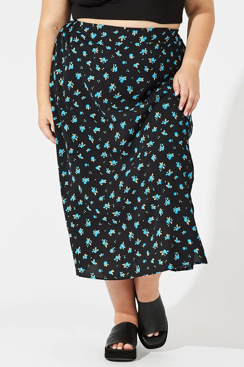 Black Ditsy Split Front Midi Skirt Ditsy Print