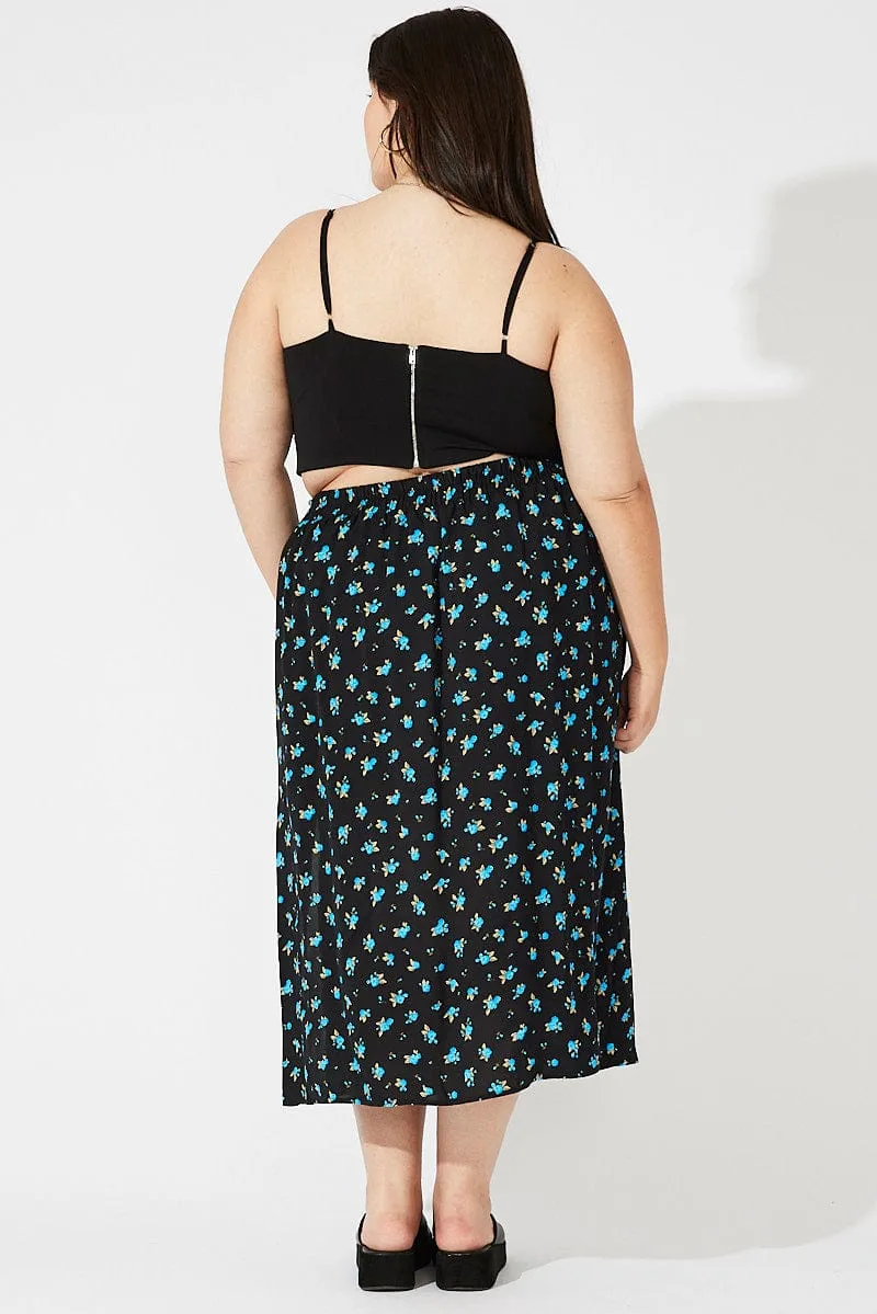 Black Ditsy Split Front Midi Skirt Ditsy Print