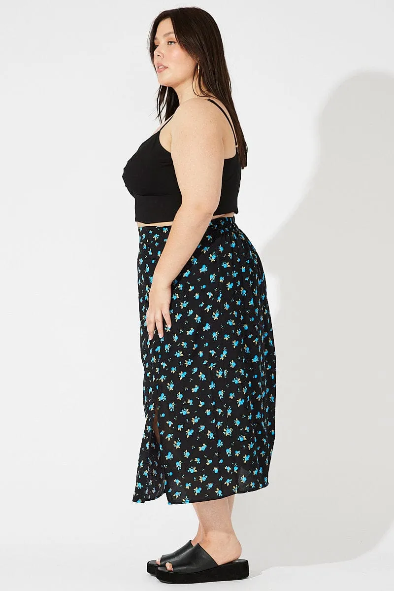 Black Ditsy Split Front Midi Skirt Ditsy Print