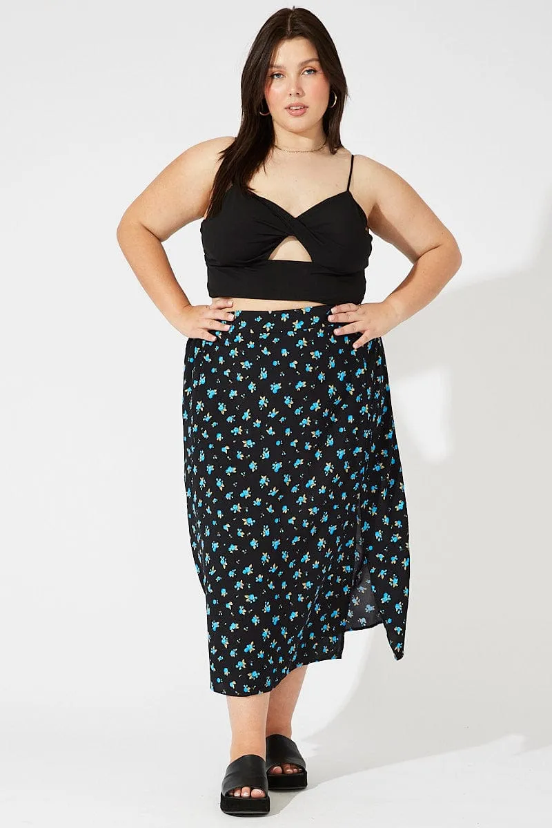 Black Ditsy Split Front Midi Skirt Ditsy Print