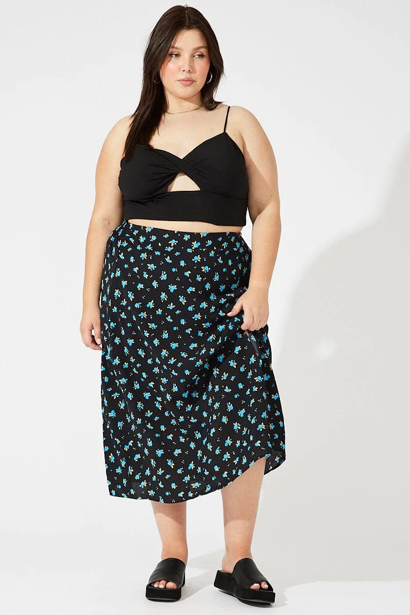 Black Ditsy Split Front Midi Skirt Ditsy Print