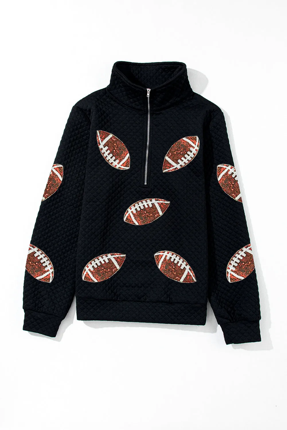 Black Sequin Rugby Football Patched Quarter Zip Textured Sweatshirt