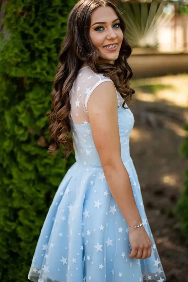 Blue Tulle A-line Scoop Neck Homecoming Dresses, Short Prom Dresses, SH576