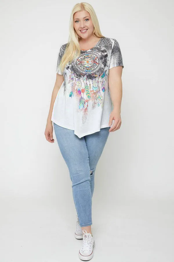 Brittany Plus Size Printed T-shirt with Pointed Hem