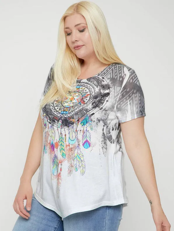 Brittany Plus Size Printed T-shirt with Pointed Hem