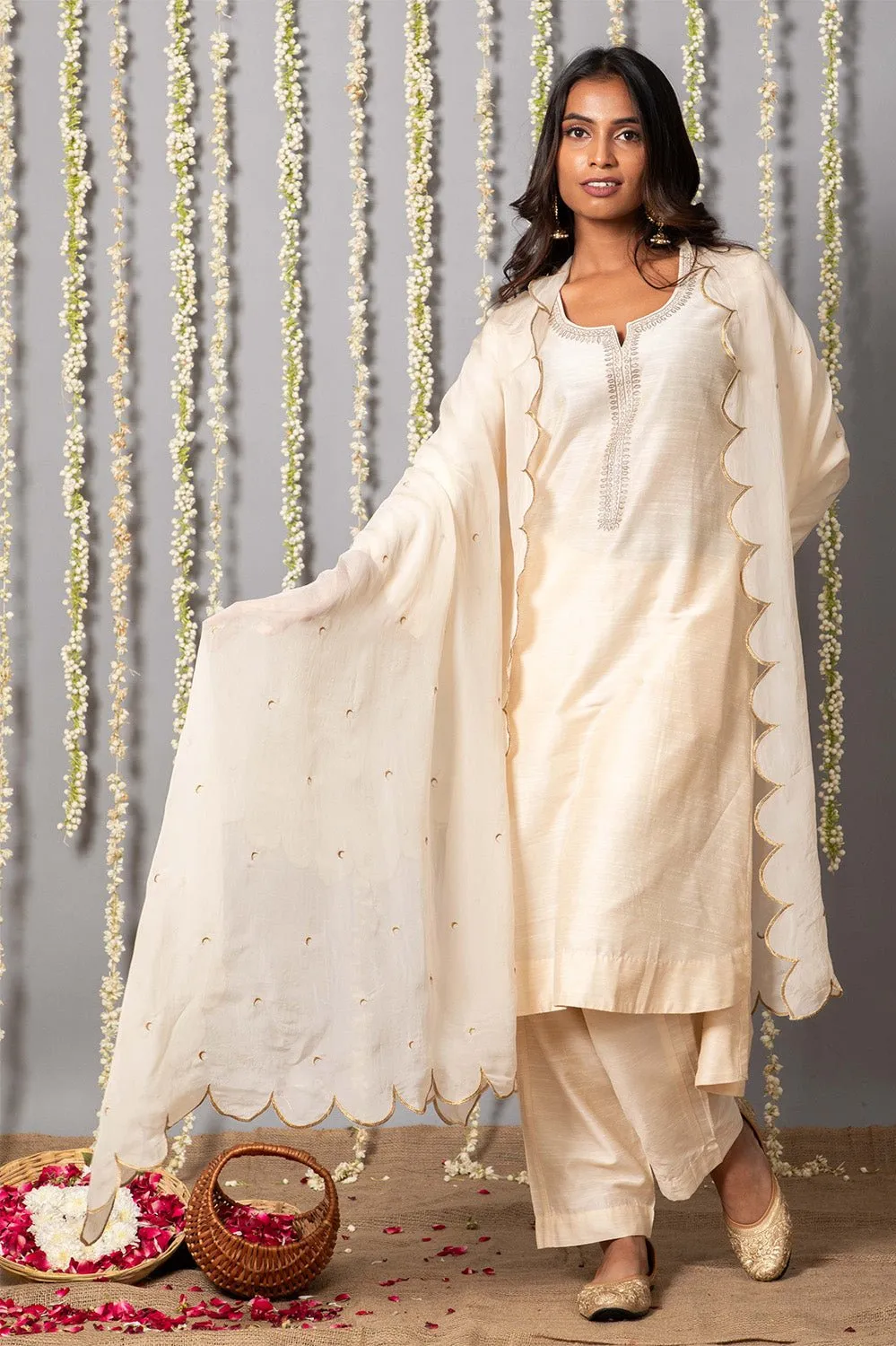 Chand Ivory Cotton Silk Kurta with Organza silk Dupatta - Set of 3