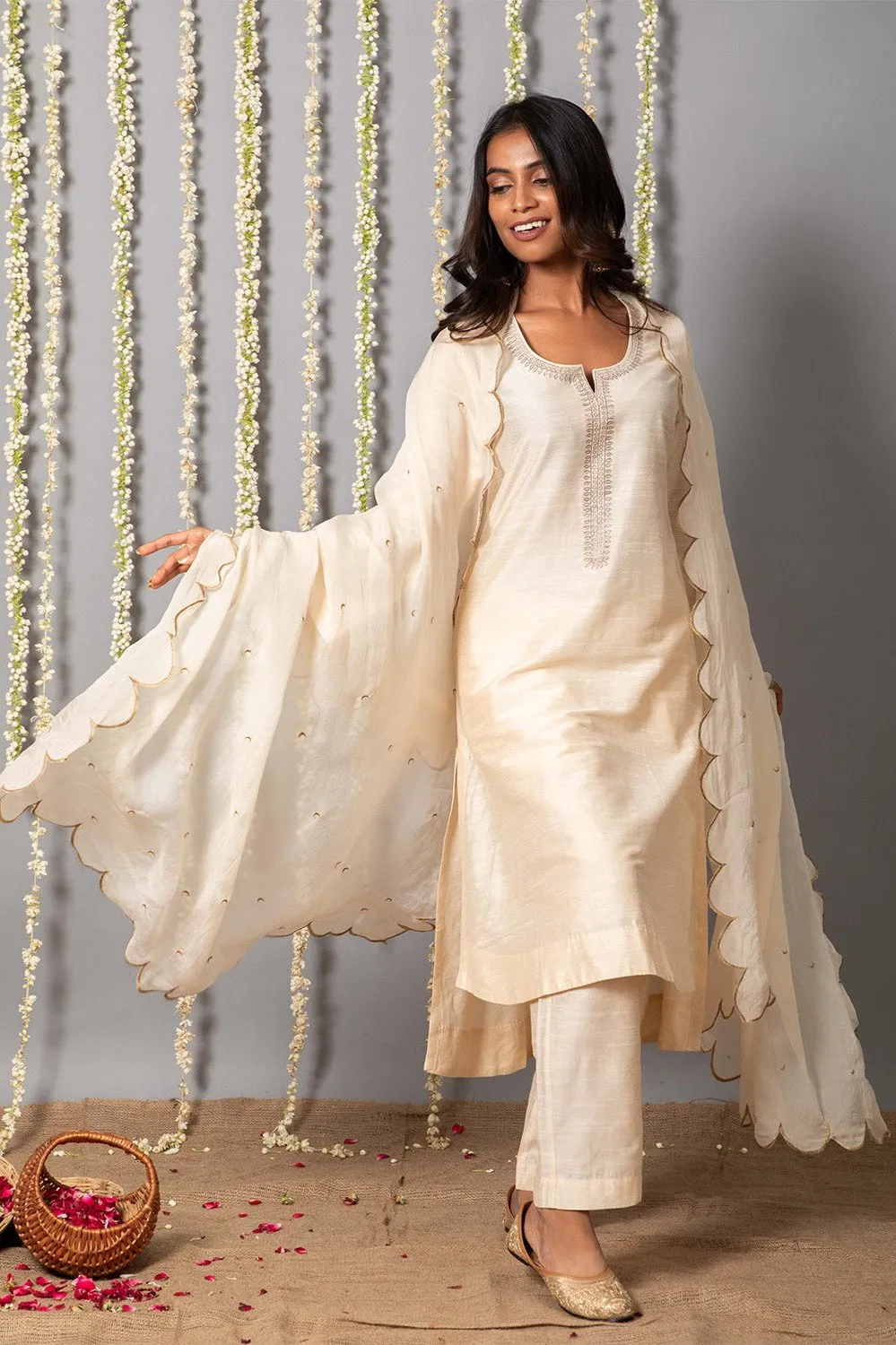 Chand Ivory Cotton Silk Kurta with Organza silk Dupatta - Set of 3