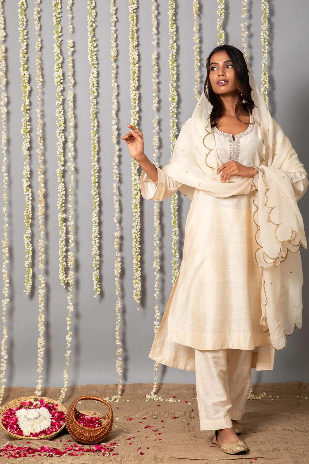 Chand Ivory Cotton Silk Kurta with Organza silk Dupatta - Set of 3