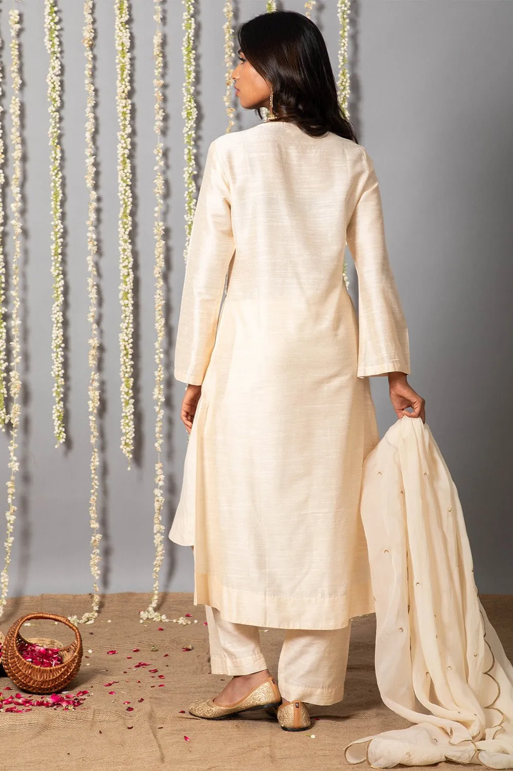 Chand Ivory Cotton Silk Kurta with Organza silk Dupatta - Set of 3