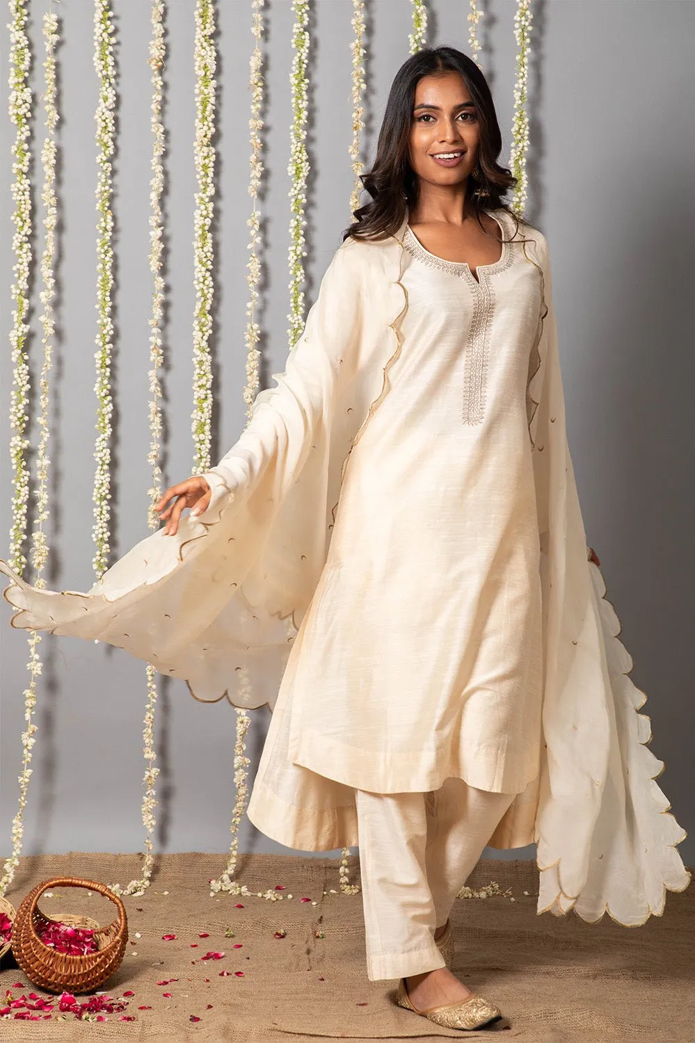 Chand Ivory Cotton Silk Kurta with Organza silk Dupatta - Set of 3