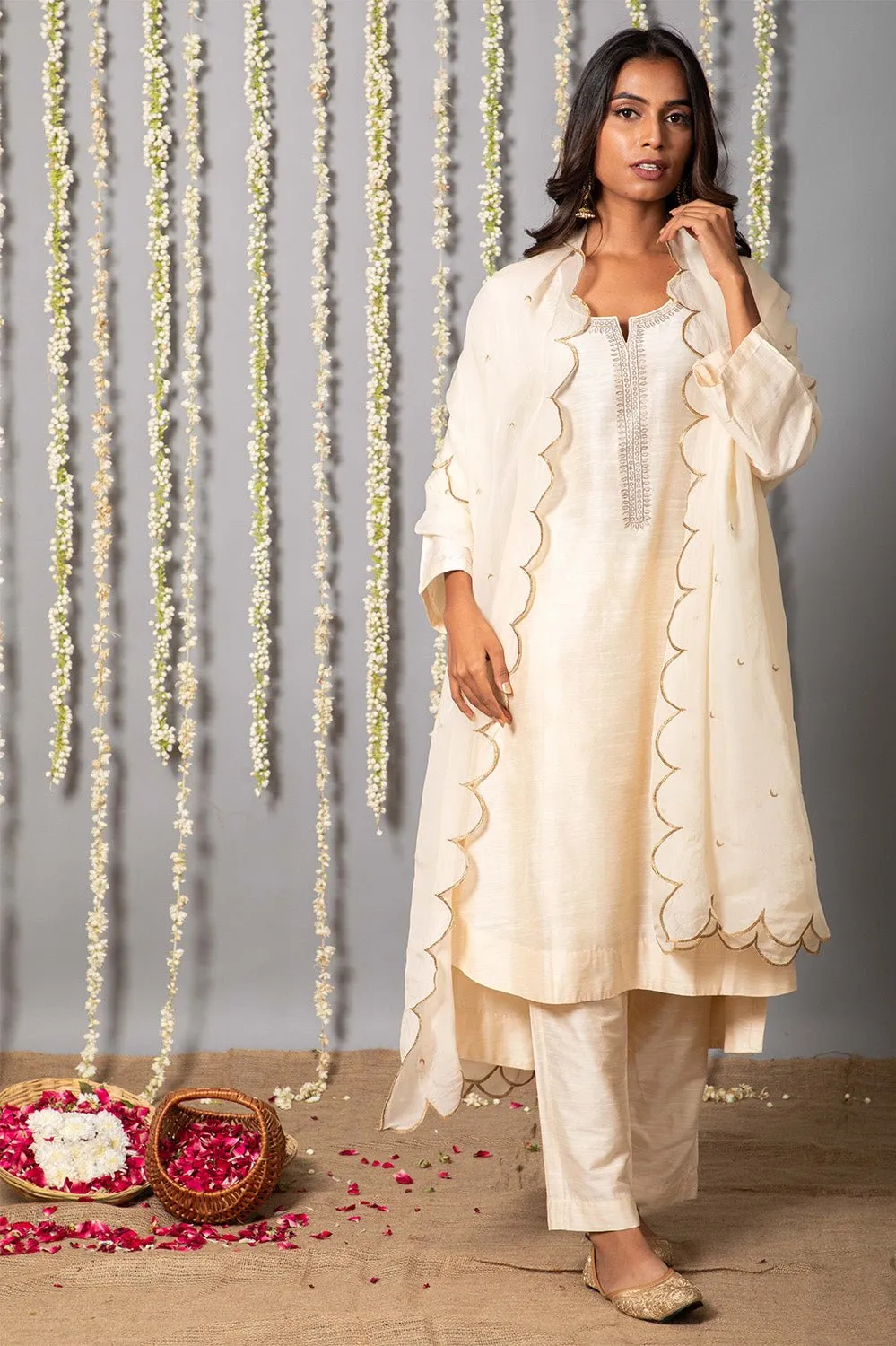 Chand Ivory Cotton Silk Kurta with Organza silk Dupatta - Set of 3