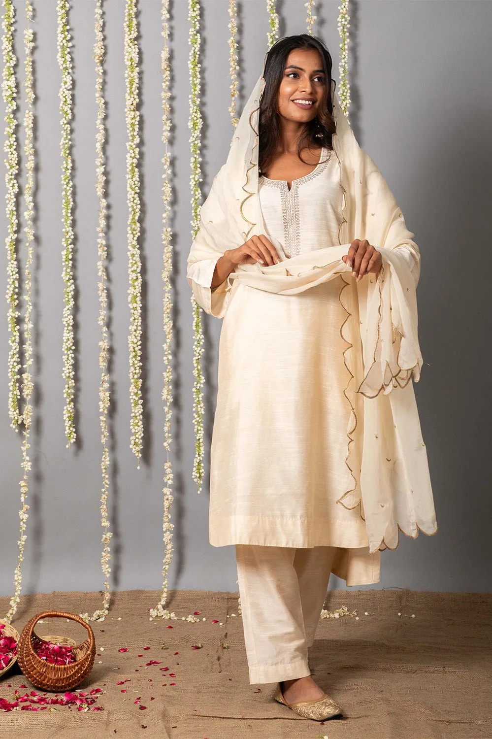 Chand Ivory Cotton Silk Kurta with Organza silk Dupatta - Set of 3