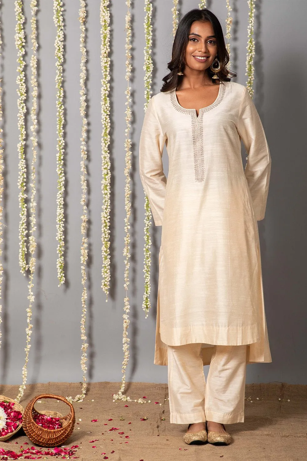 Chand Ivory Cotton Silk Kurta with Organza silk Dupatta - Set of 3