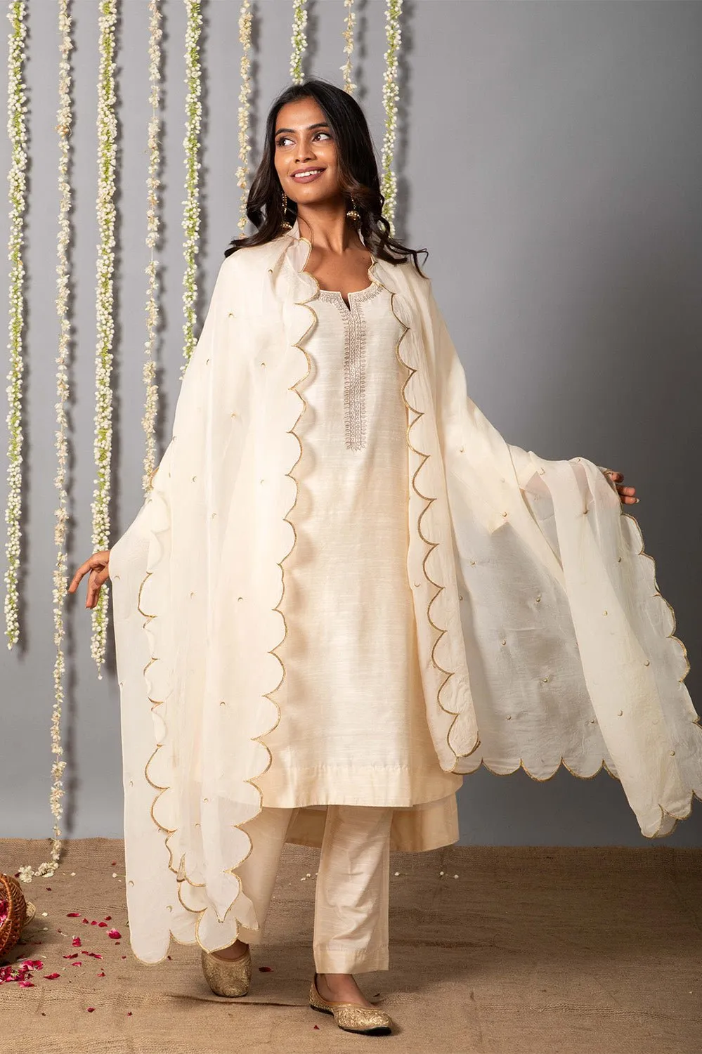 Chand Ivory Cotton Silk Kurta with Organza silk Dupatta - Set of 3