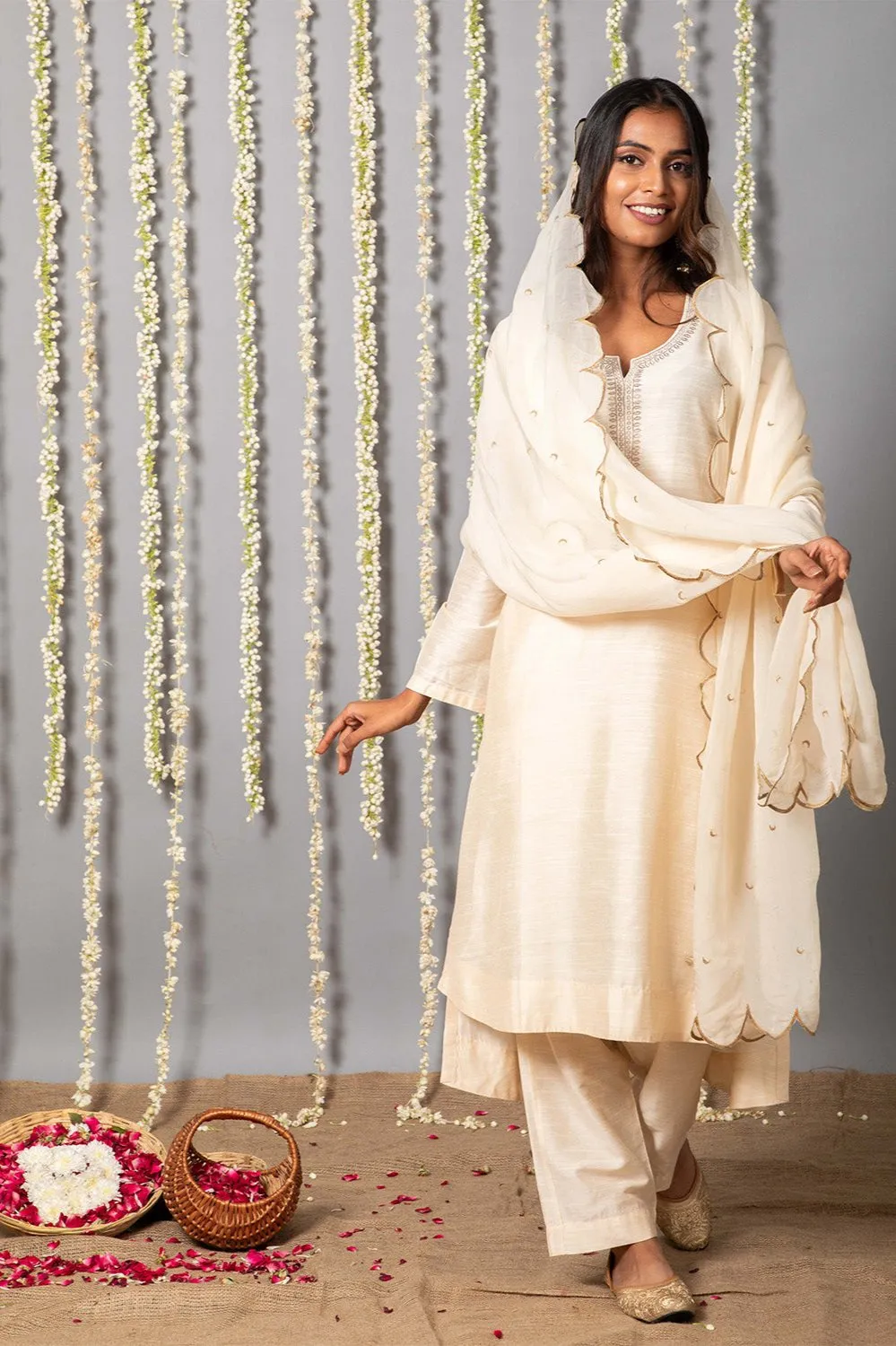 Chand Ivory Cotton Silk Kurta with Organza silk Dupatta - Set of 3