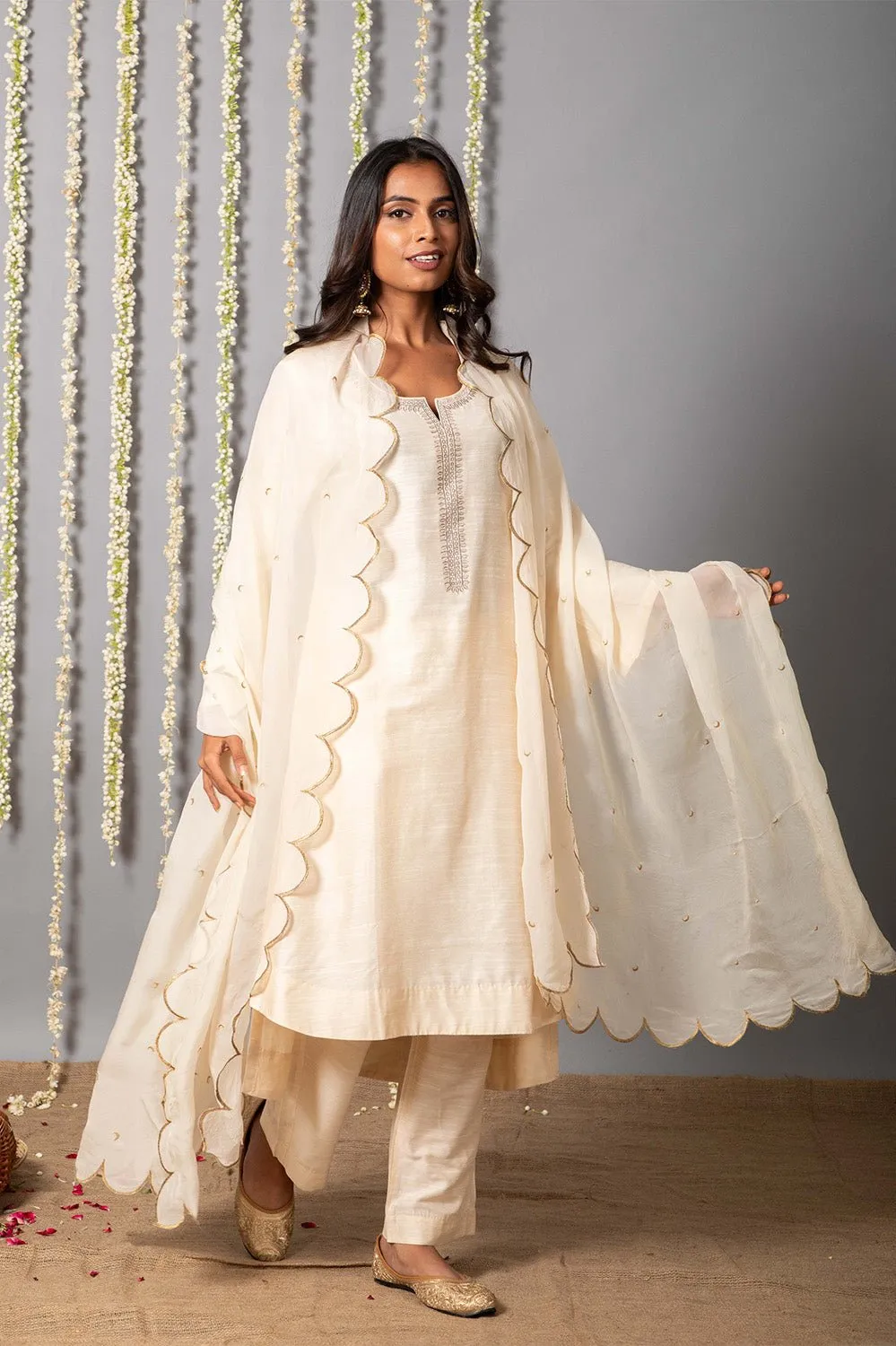 Chand Ivory Cotton Silk Kurta with Organza silk Dupatta - Set of 3