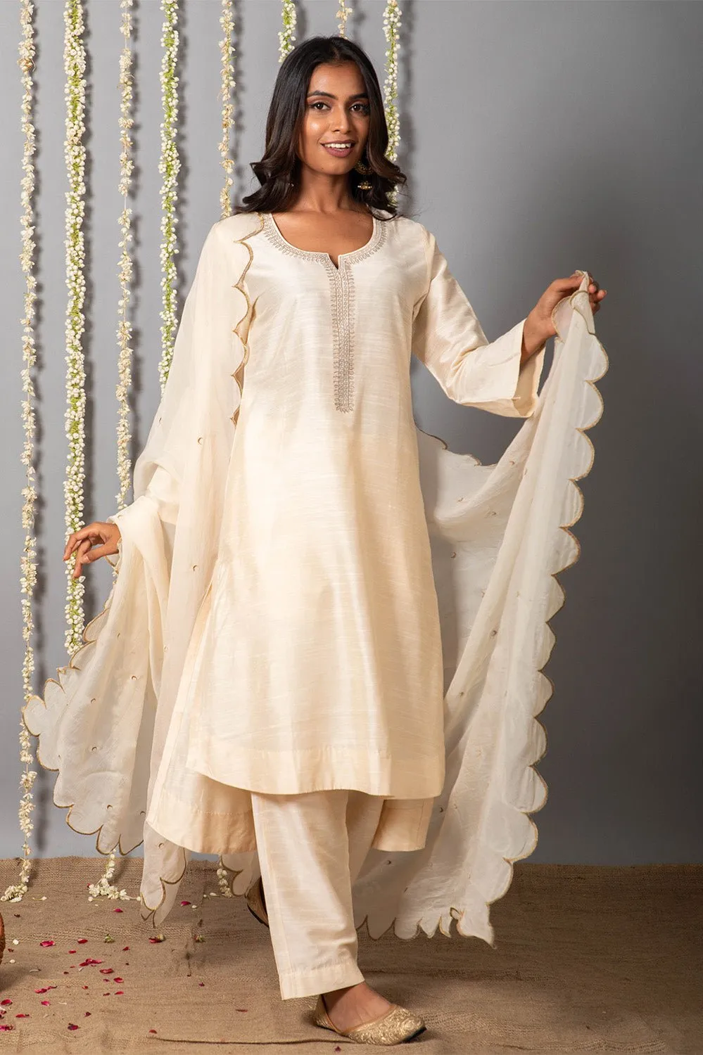 Chand Ivory Cotton Silk Kurta with Organza silk Dupatta - Set of 3