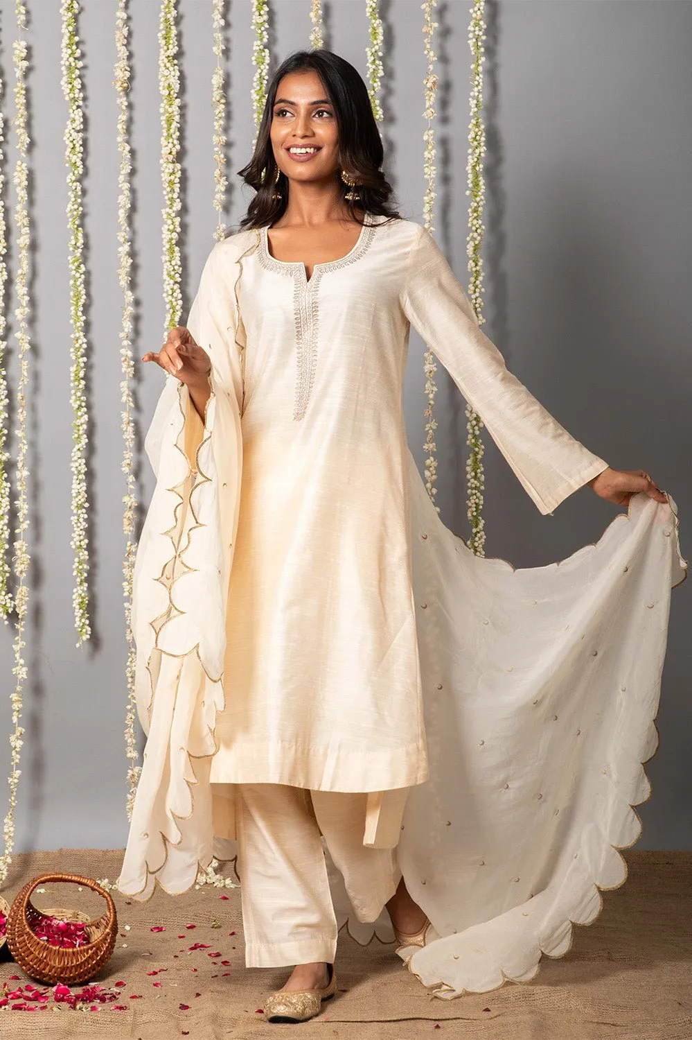 Chand Ivory Cotton Silk Kurta with Organza silk Dupatta - Set of 3