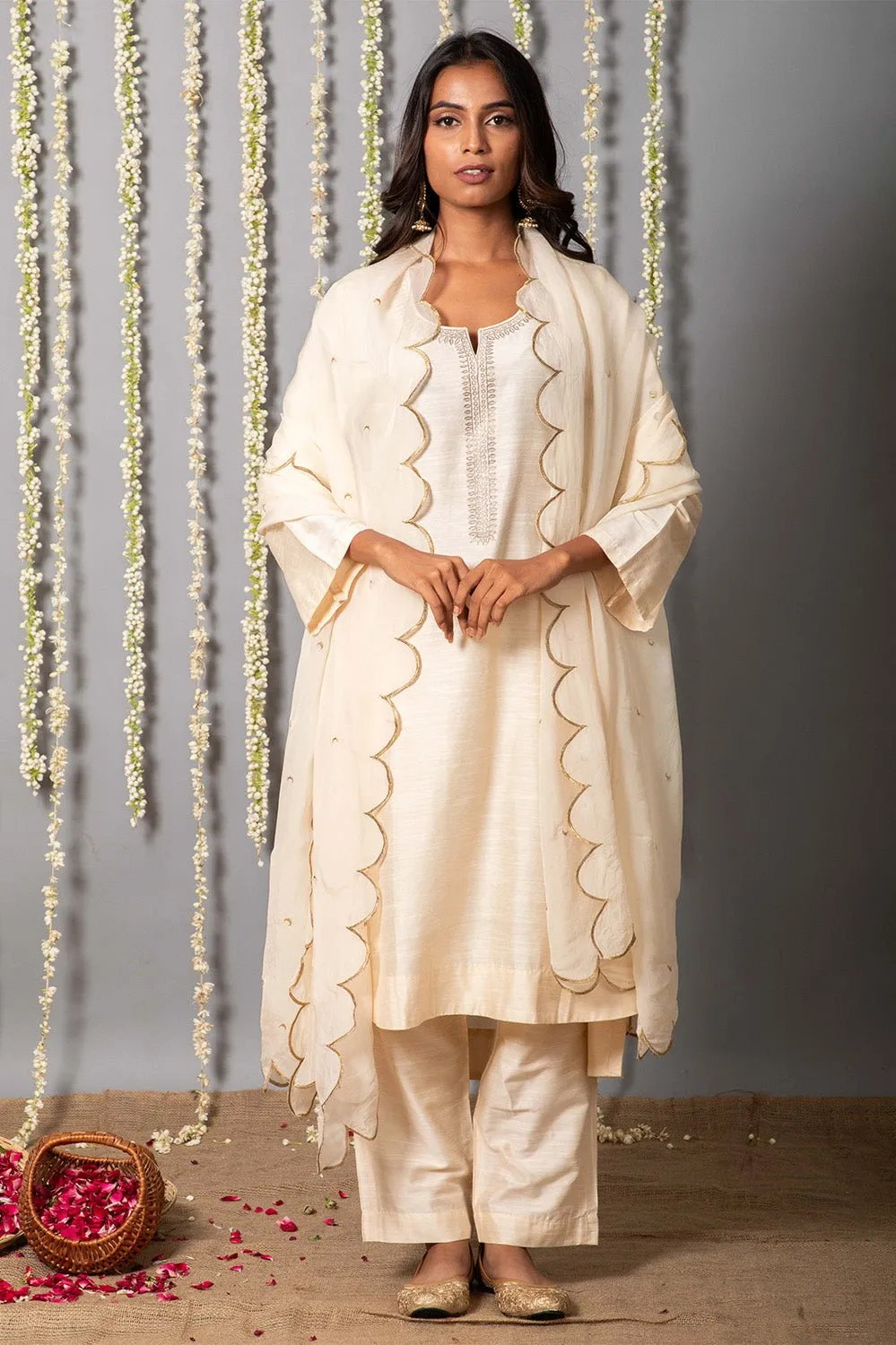 Chand Ivory Cotton Silk Kurta with Organza silk Dupatta - Set of 3