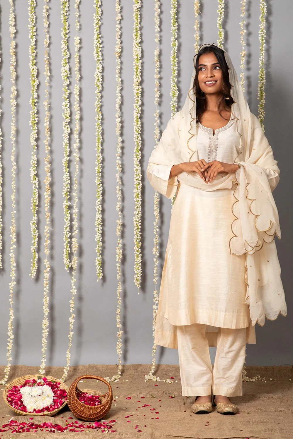 Chand Ivory Cotton Silk Kurta with Organza silk Dupatta - Set of 3