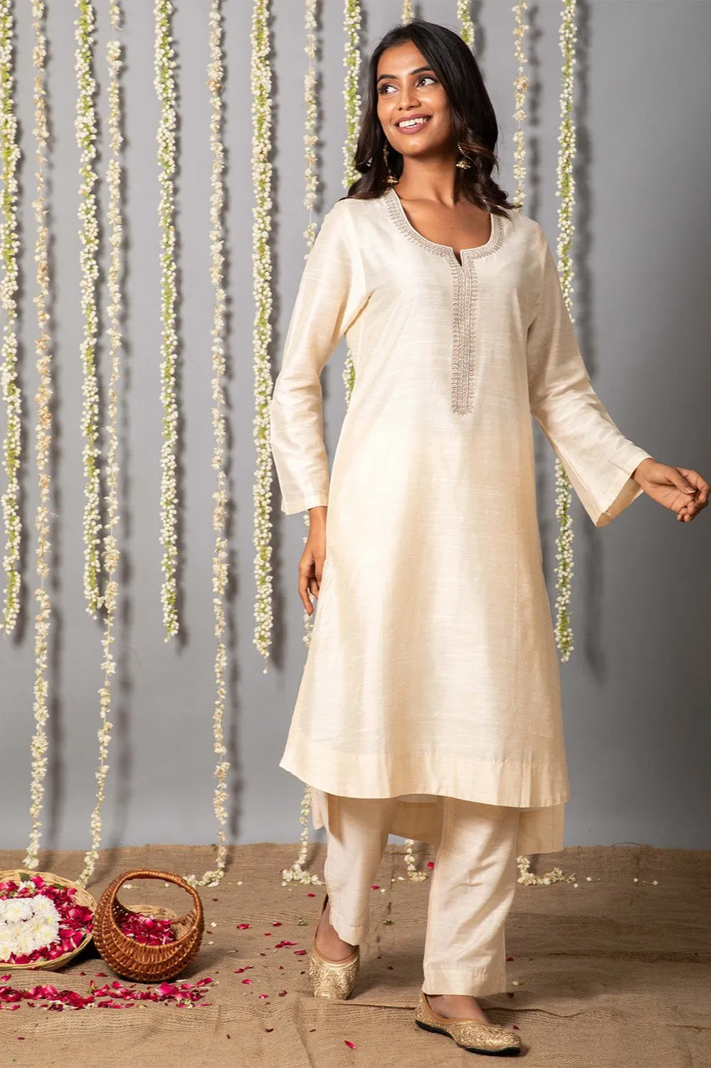 Chand Ivory Cotton Silk Kurta with Organza silk Dupatta - Set of 3