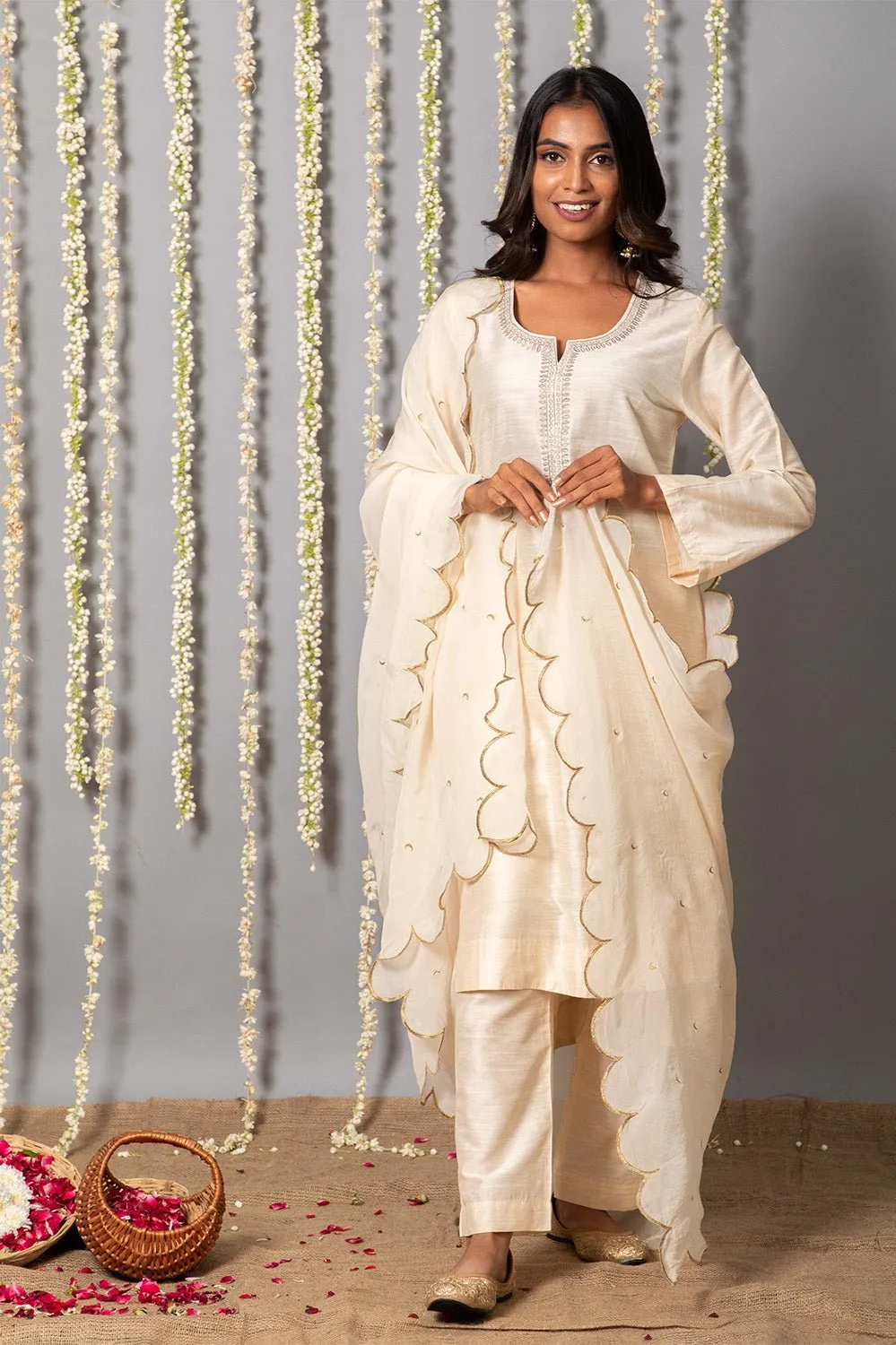 Chand Ivory Cotton Silk Kurta with Organza silk Dupatta - Set of 3