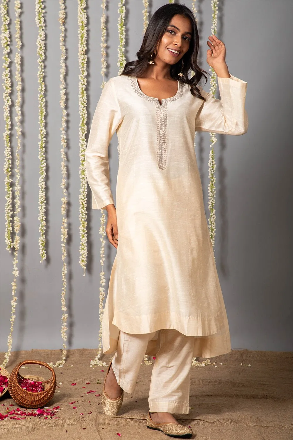 Chand Ivory Cotton Silk Kurta with Organza silk Dupatta - Set of 3