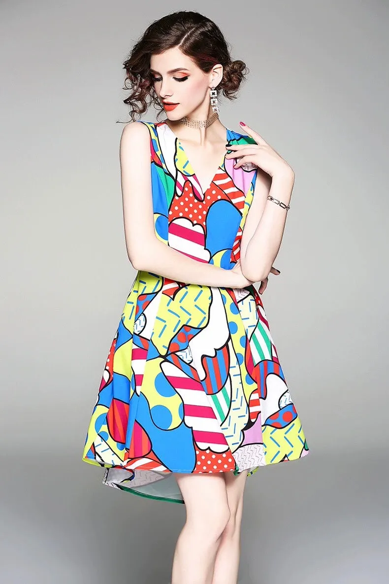 Colorful Dress W/ Asymmetrical Hem