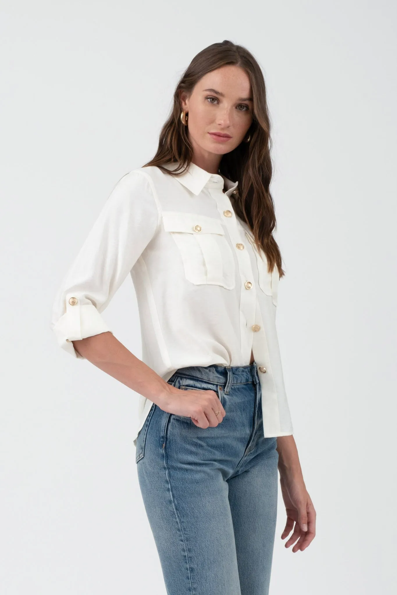 Daria Collared Gold Button 3/4 Tab Sleeve Shirt