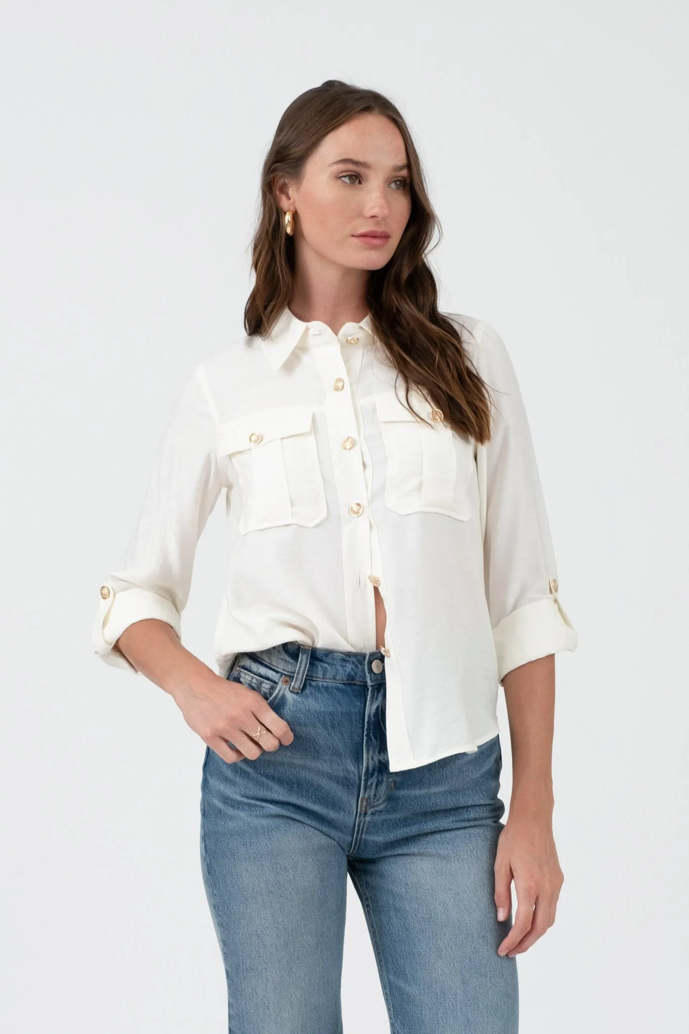 Daria Collared Gold Button 3/4 Tab Sleeve Shirt